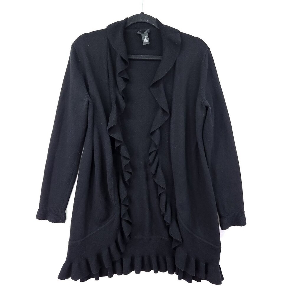 Only Mine Women Size Medium 100% Merino Wool Cardigan Sweater Ruffled Open Front